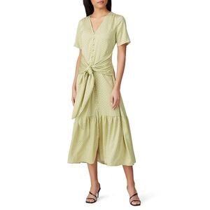 LOVE WHIT | Citron Green Dot Silky Button Front Waist Tie Midi Dress | Large